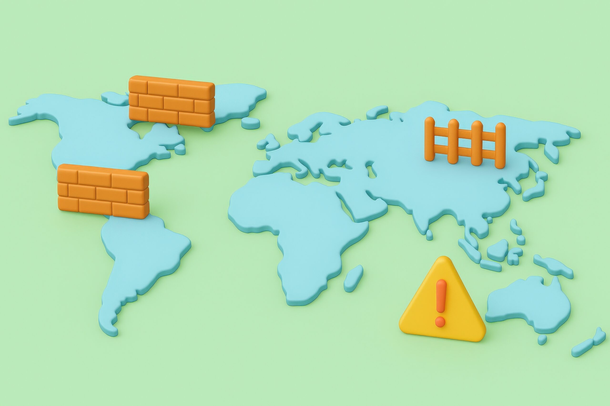 Import Tariffs trade impact concept. Illustration of a world map with obstacles and warning signs.
