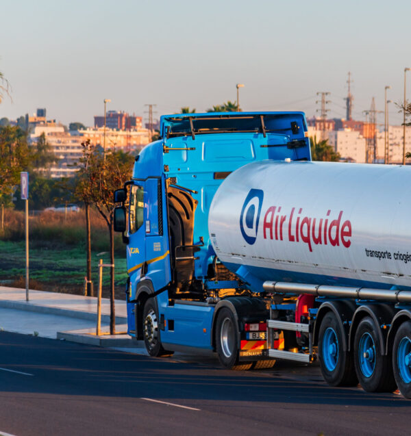 11.7.2024, Huelva; Tanker truck for transporting cryogenic gases from the Air Liquide company parked next to a road.