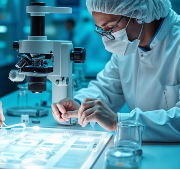 Two scientists in protective gear conducting advanced bioengineering research on artificial skin samples in a high-tech laboratory. Concept of medical innovation, biotechnology, and regenerative medic